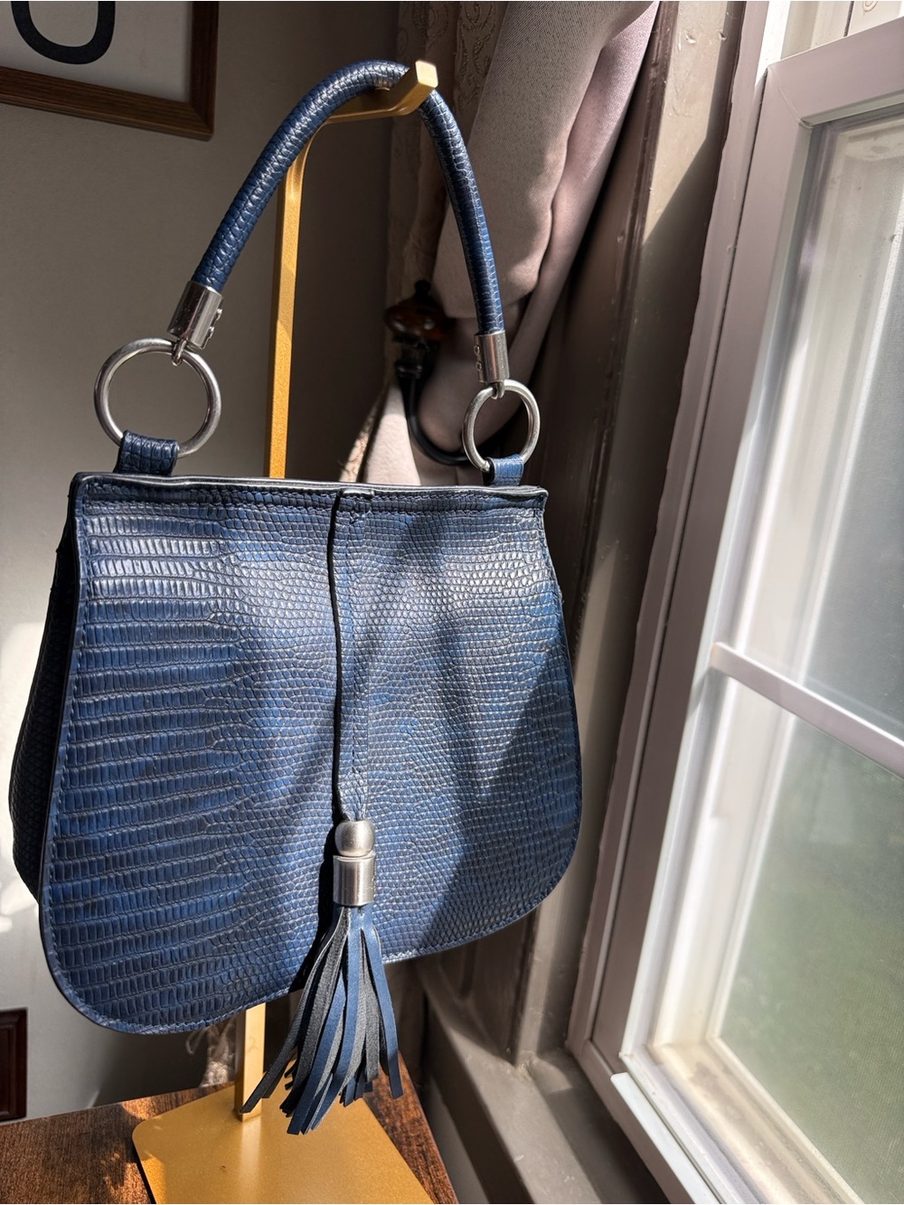 NWT Blue Snake Embossed Textured Leather Shoulder Bag with Tassel
